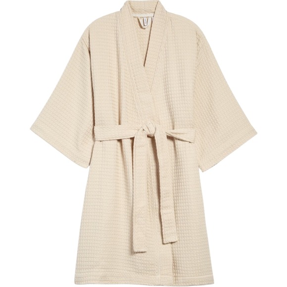Nordstrom Everyday Waffle Robe Bathrobe Kimono Sleeve Beige Size L Cotton Turkey - Picture 1 of 12